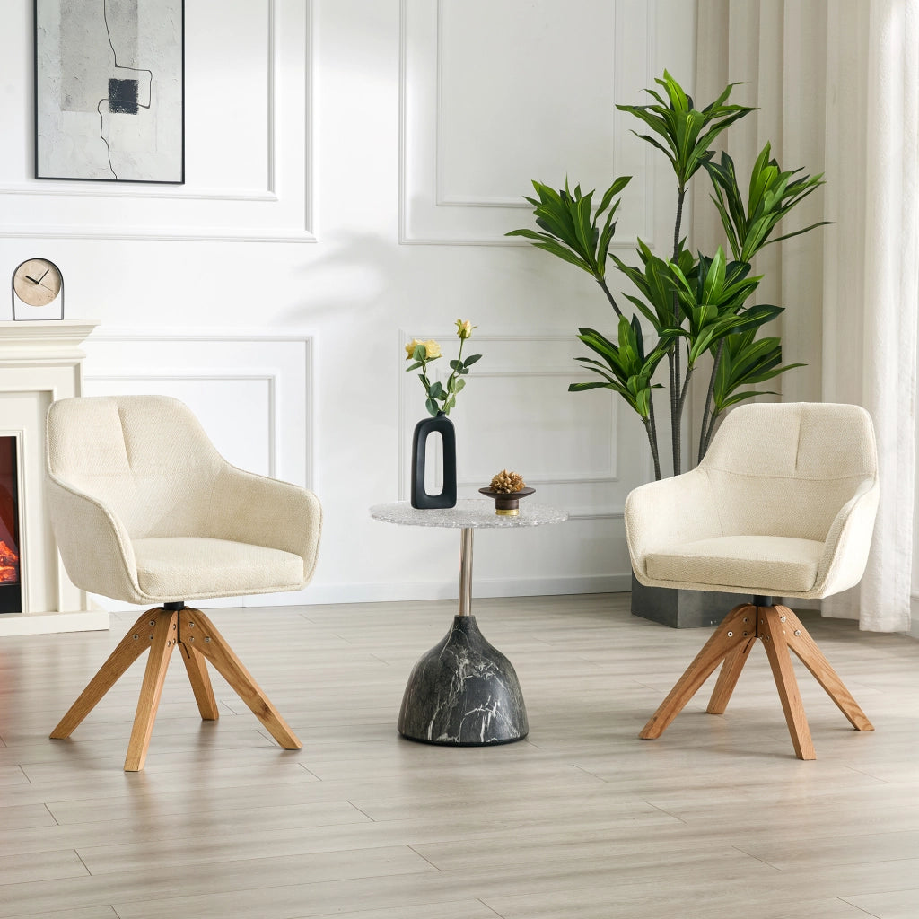 Sedia da sala da pranzo girevole con braccioli e schienale ergonomico in tessuto beige e legno di quercia