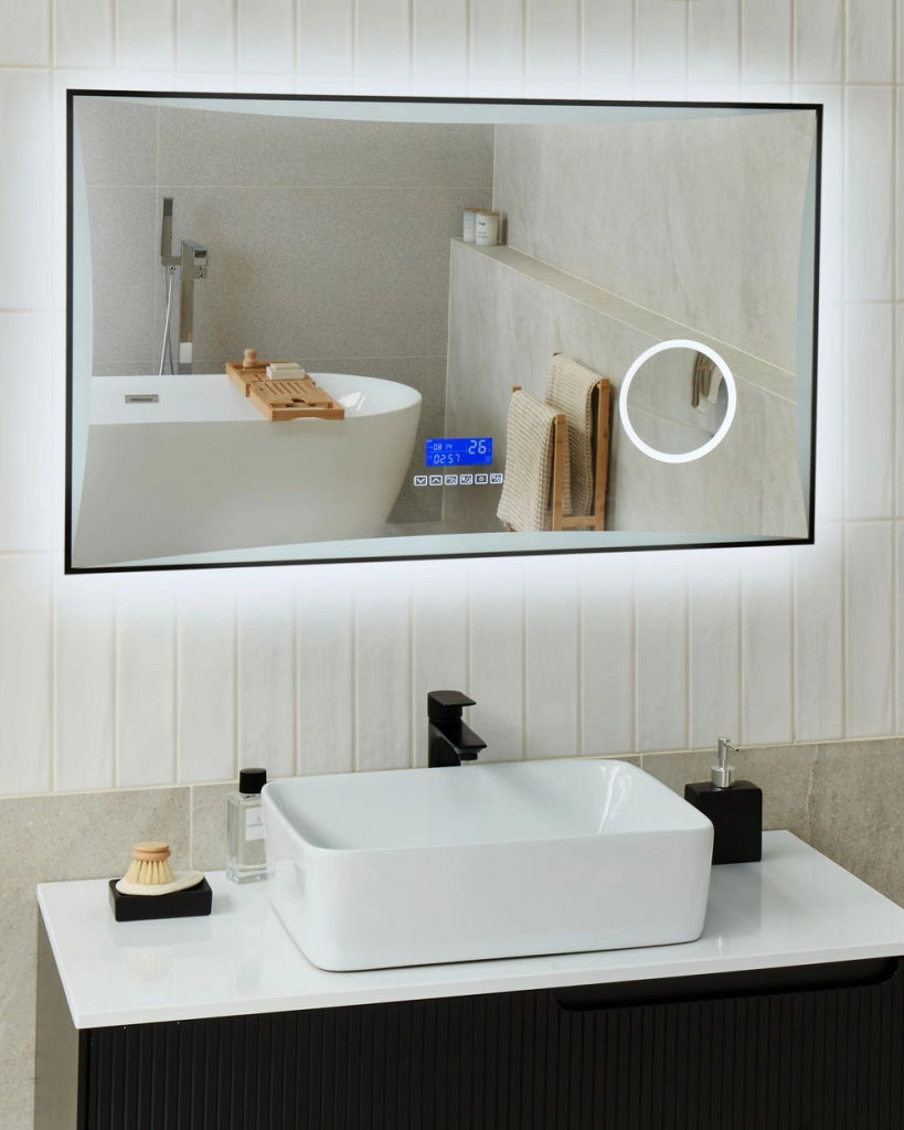 Specchio da bagno illuminato a LED rettangolare 100 x 60 cm Glamour con altoparlante Bluetooth Lente di ingrandimento