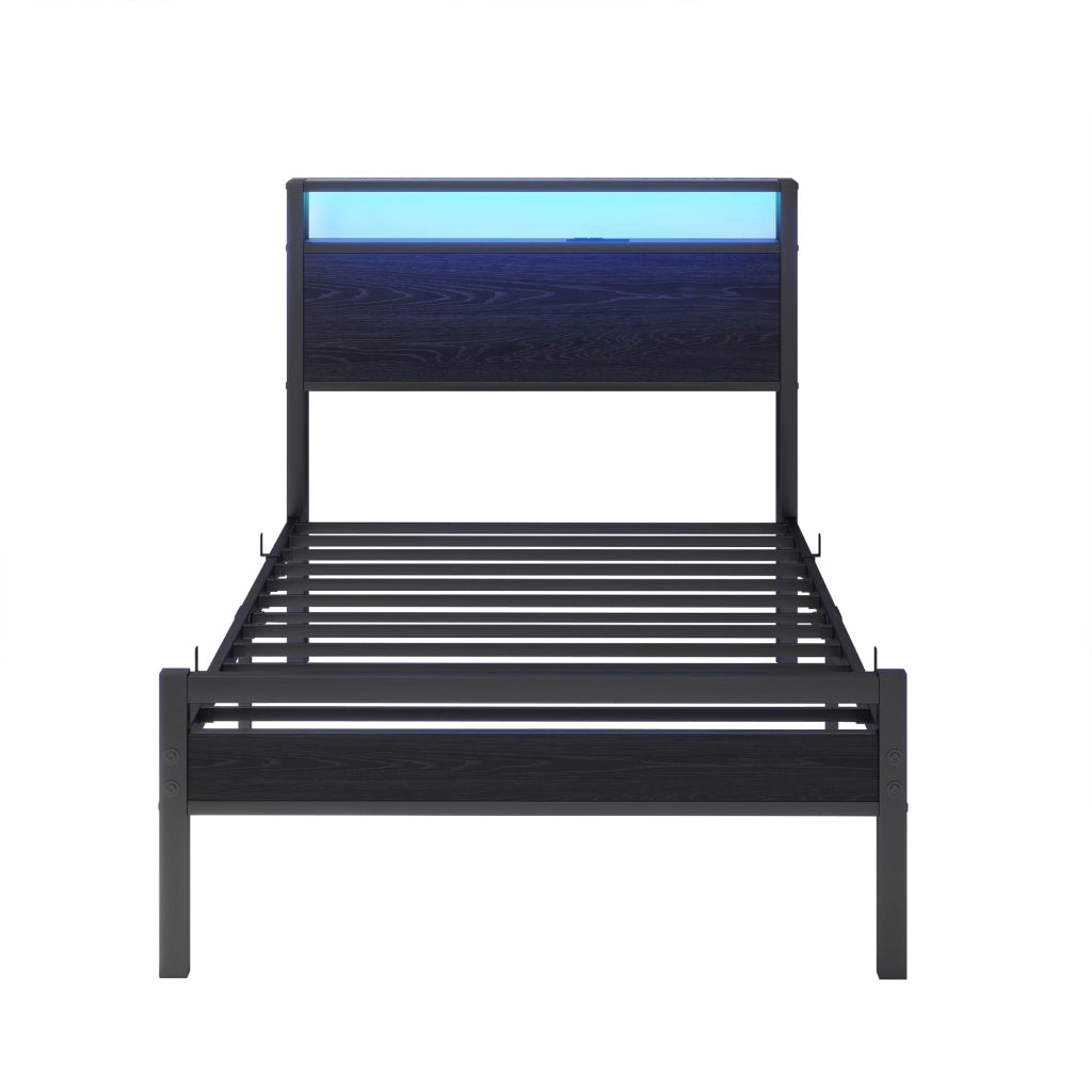 Letto singolo 90×200 cm con ripiani testiera; USB e LED; senza materasso; con rete; metallo e MDF; nero