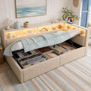 LETTO DAYBED 90x200 cm in lino beige con LED, USB e vano contenitore