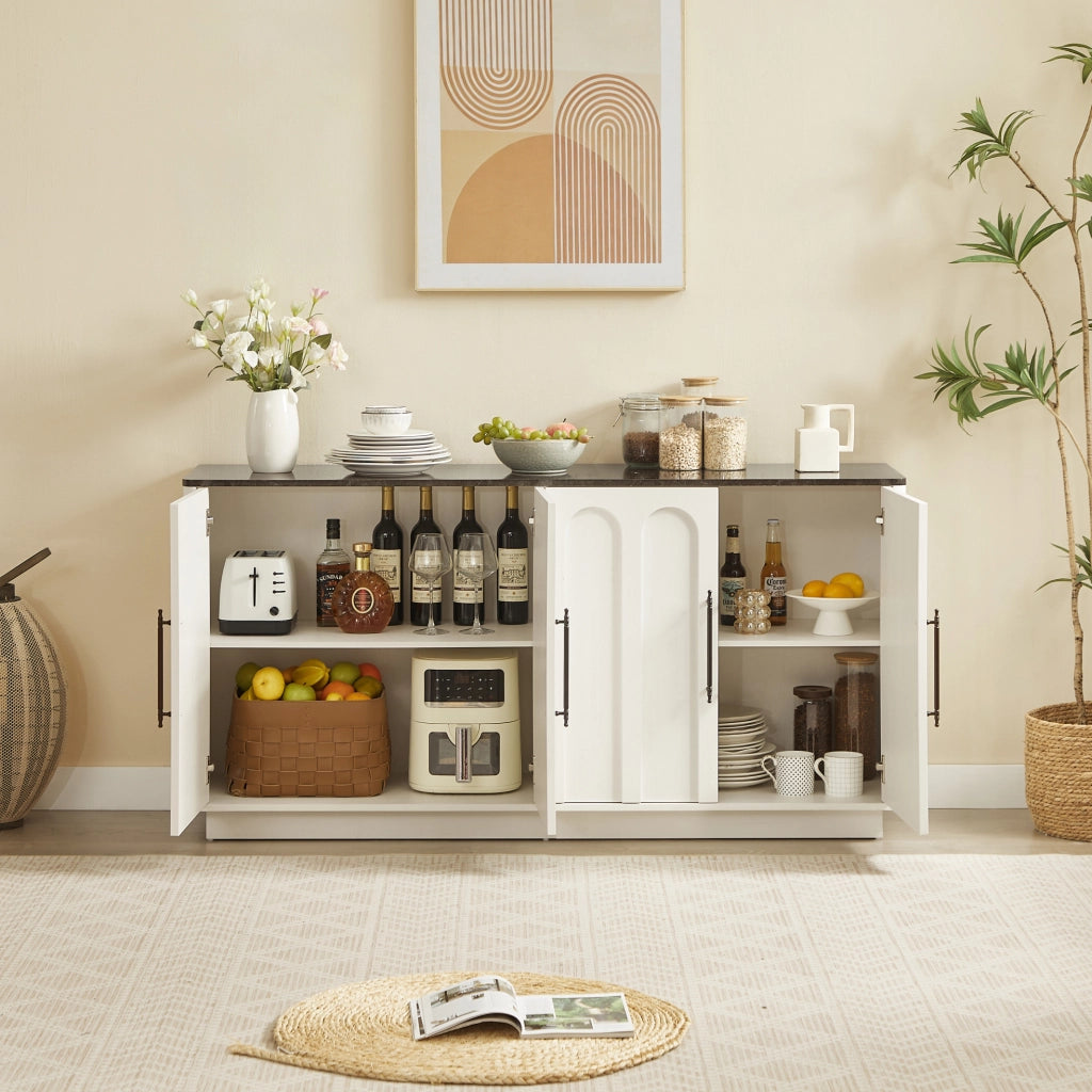 Sideboard con 4 porte e cerniere soft-close, 160 cm, bianco e nero con fissaggio a parete