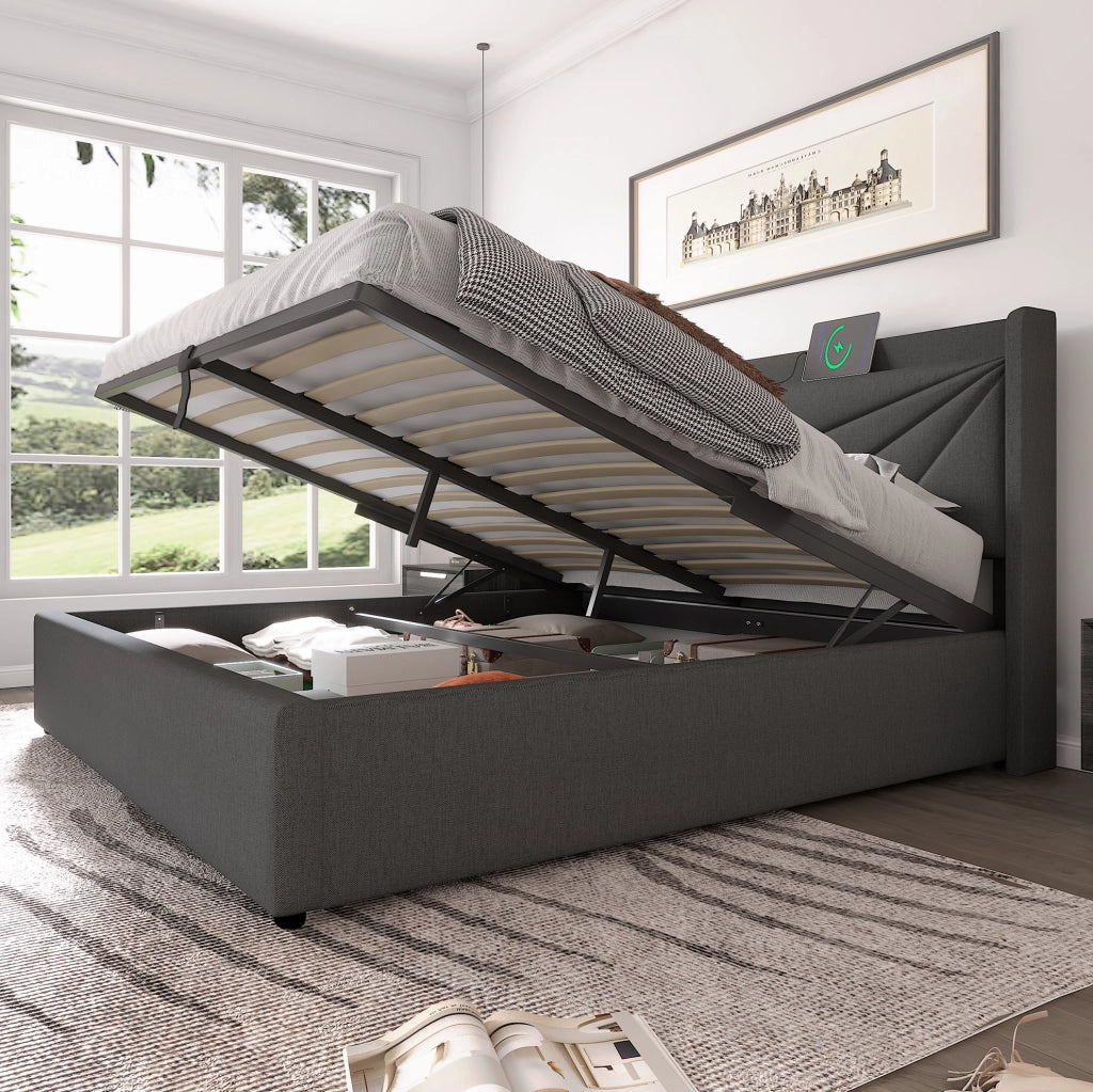 Letto matrimoniale imbottito 140x200 cm grigio con contenitore; USB e Type-C; struttura in metallo e cotone lino