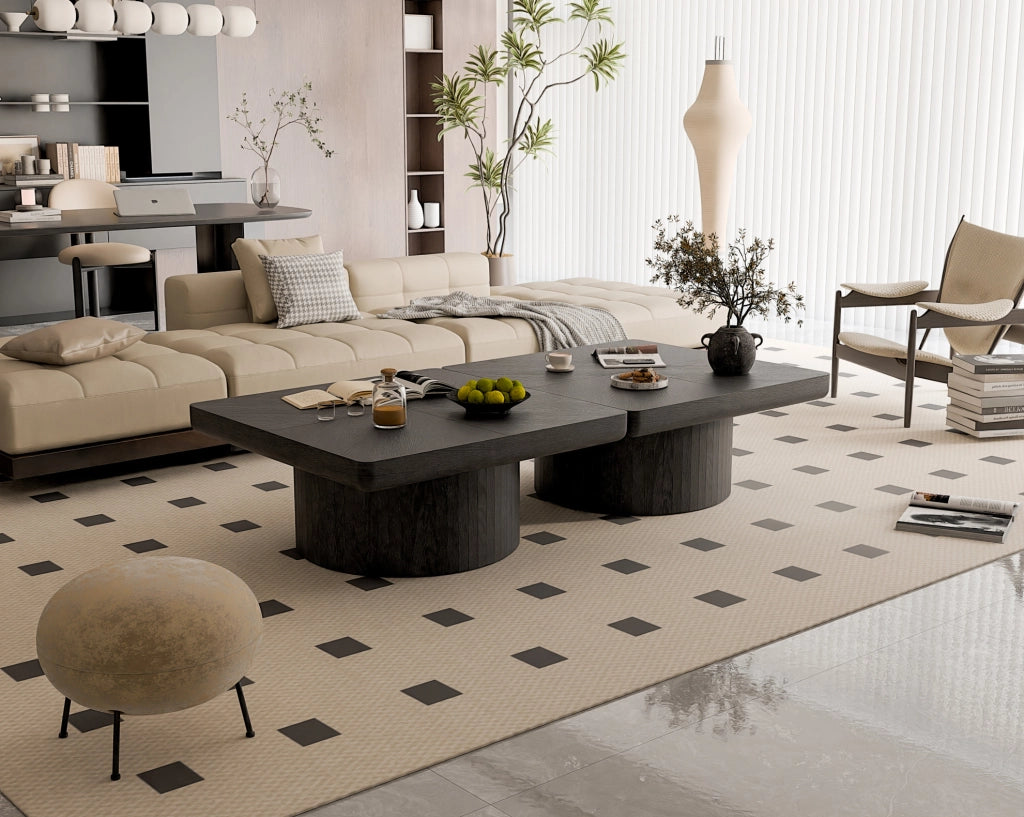 Tavolino da caffè quadrato con piano effetto parquet da 8 cm e base cilindrica; nero