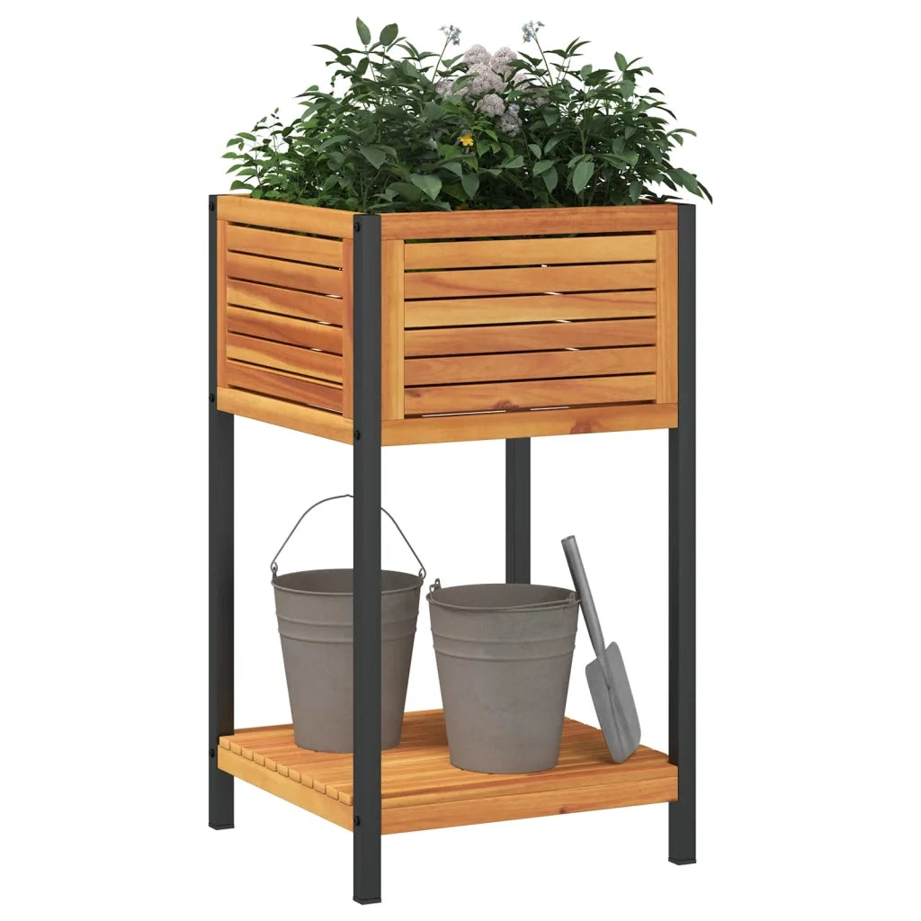 Fioriera | Cassetta per fiori | Vaso con Ripiano 45x45x80 cm in Legno Acacia e Acciaio
