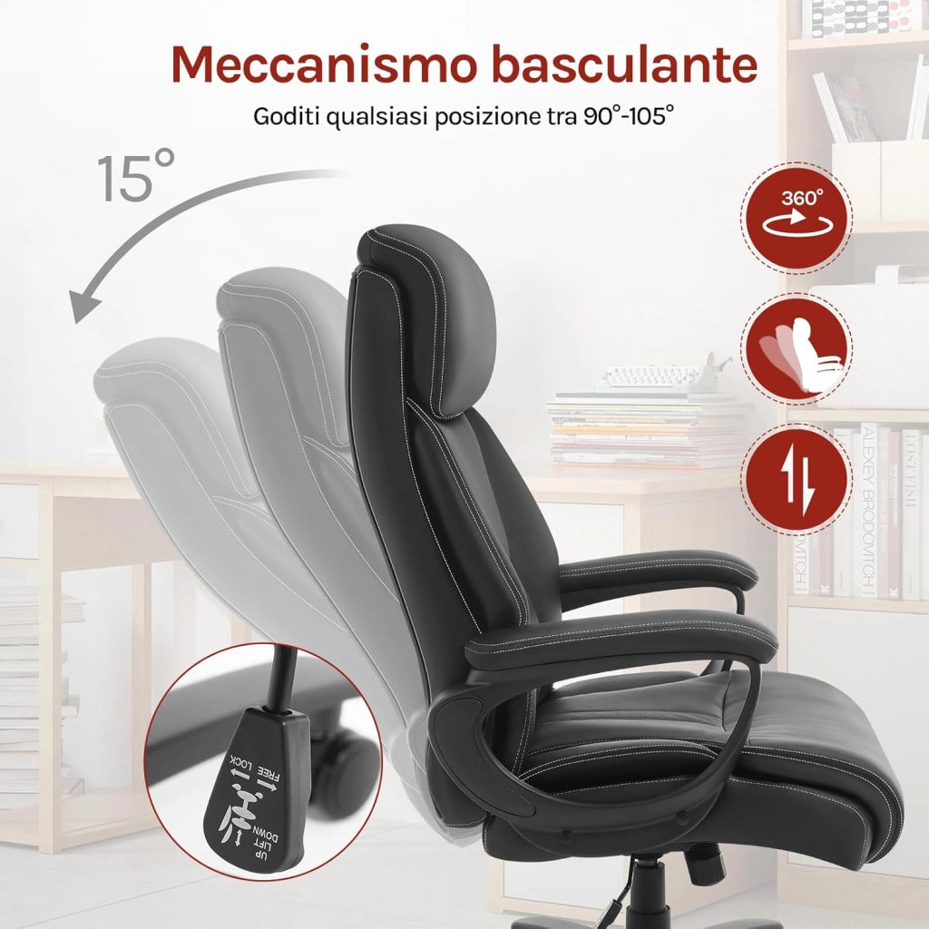 Sedia Ergonomica Da Ufficio, Poltrona Direzionale, Sedie Ufficio Regolabile in Altezza con Meccanismo Basculante, PU, Nero