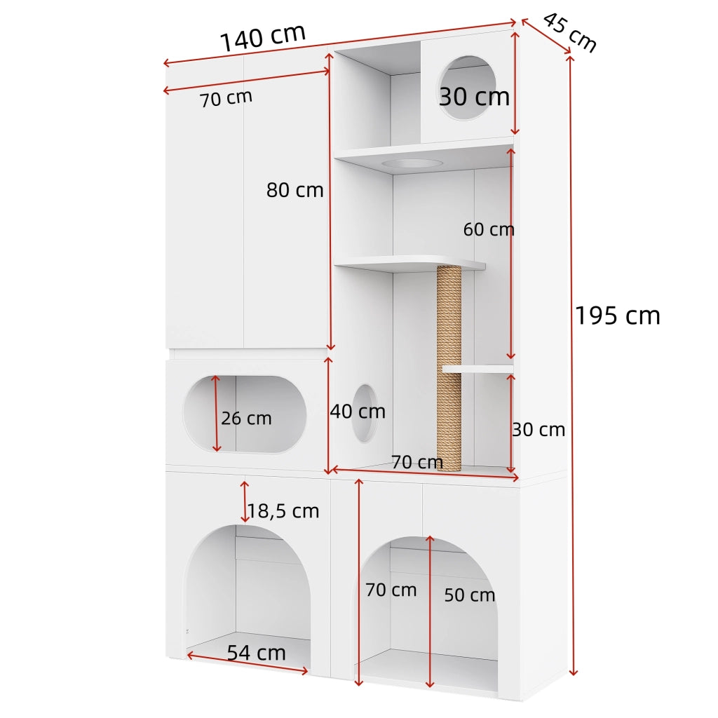 Mobile coperto per lettiera per gatti con tiragraffi e ripiani, per gatti e cani, in MDF, bianco, 140 × 45 × 195 cm