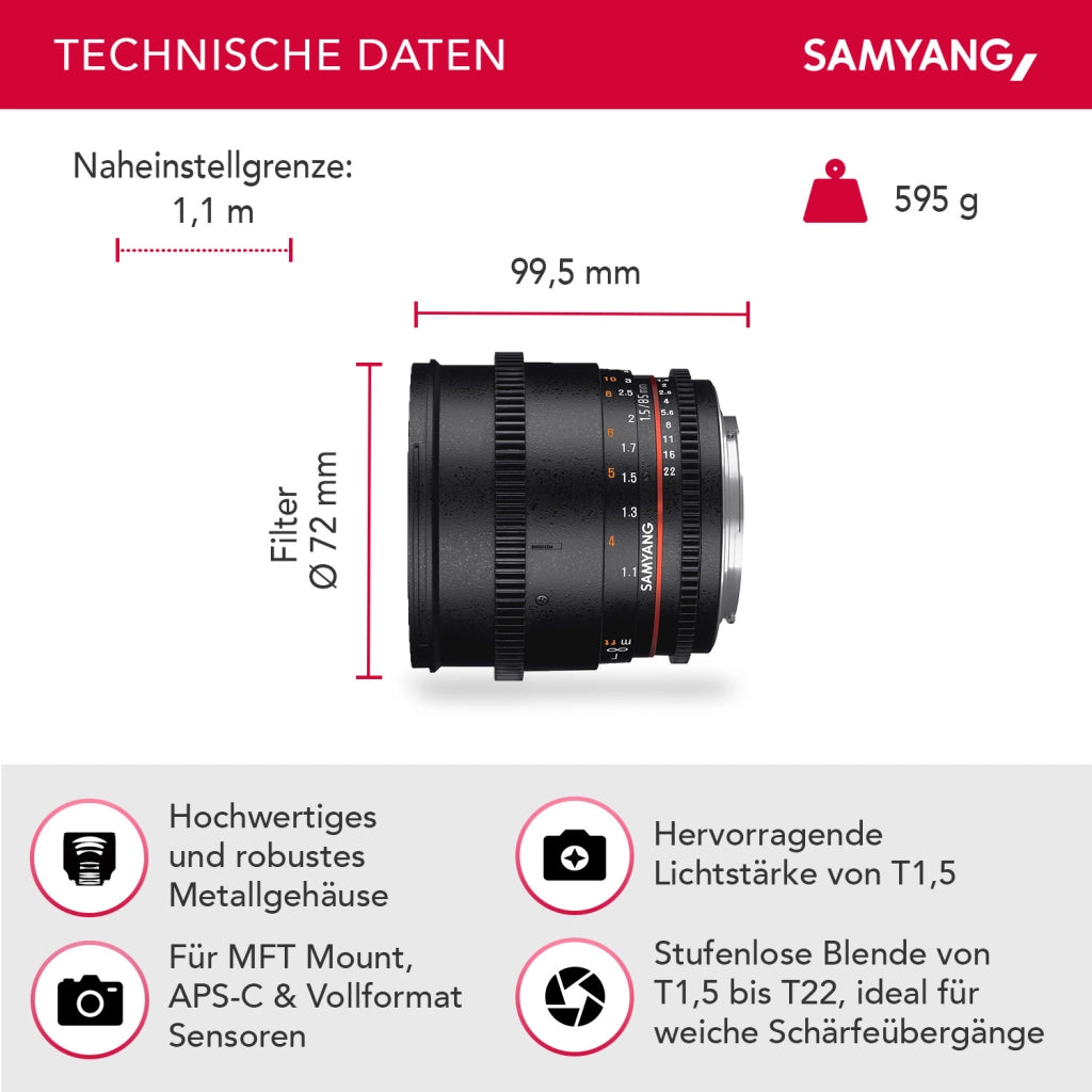 85/1,5 Obiettivo Video DSLR II MFT Messa a fuoco manuale Obiettivo Video Ingranaggio 0,8, Ritratto nero