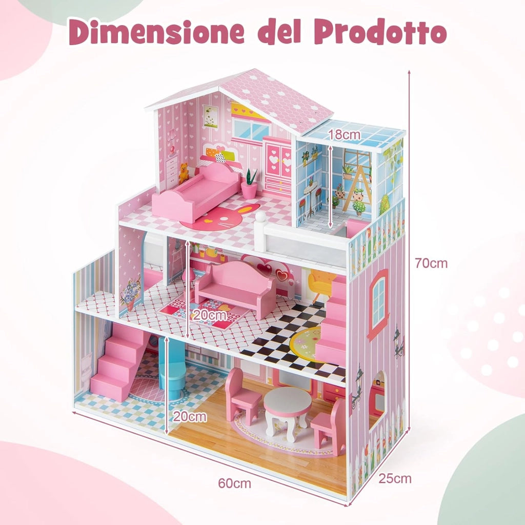 Casa delle Bambole in Legno, Casetta delle Bambini con 5 Stanze e 10 Mobili, 3 Piani, Regalo per Bambini 3+ Anni, 60 x 25 x 70 cm