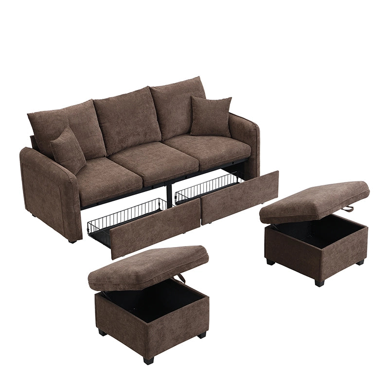 Divano Angolare con Funzione Letto e Contenitore; 2 Pouf Contenitore; in Ciniglia e Schiuma; Marrone Antico