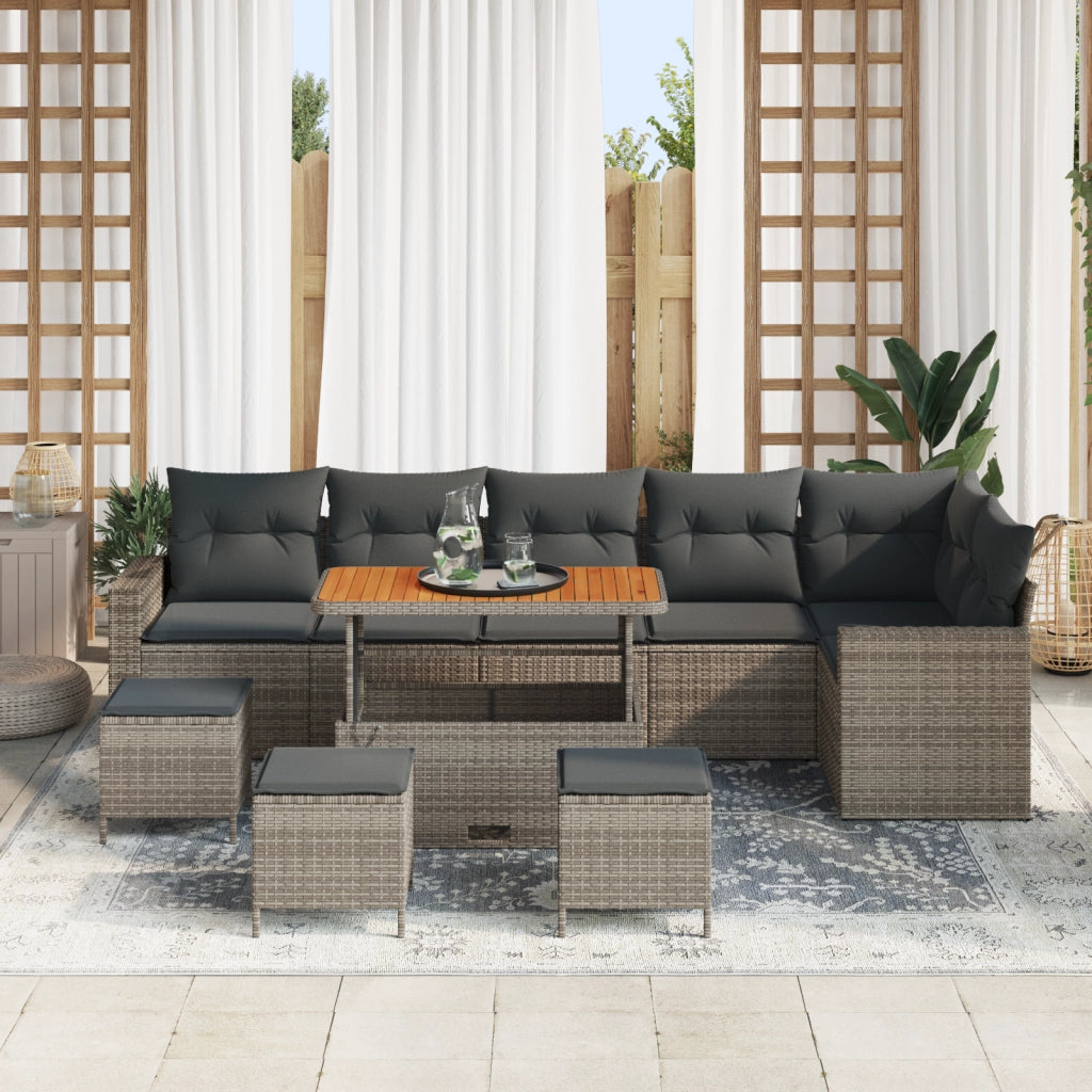 Set Divano da Giardino  10 Pezzi con Cuscini Grigio Polyrattan Acacia
