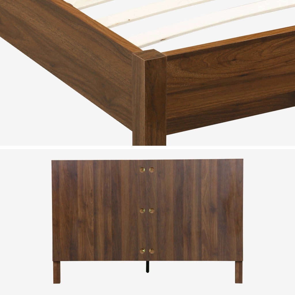 Letto con rete a doghe e testiera 140x190cm decorazione legno, noce