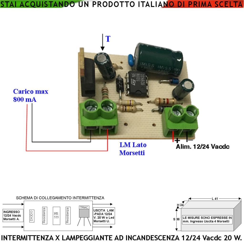 Scheda Elettronica Intermittente 12/24 Vacdc per Semaforo Lampeggiante Ricambio Universale Lampeggiatore Faro il Valore del Condensatore Varia i Cicli al Minuto Uscita a Mezzo Triac per Lampada Incandescenza Massimo 20 W Circuito da Interno