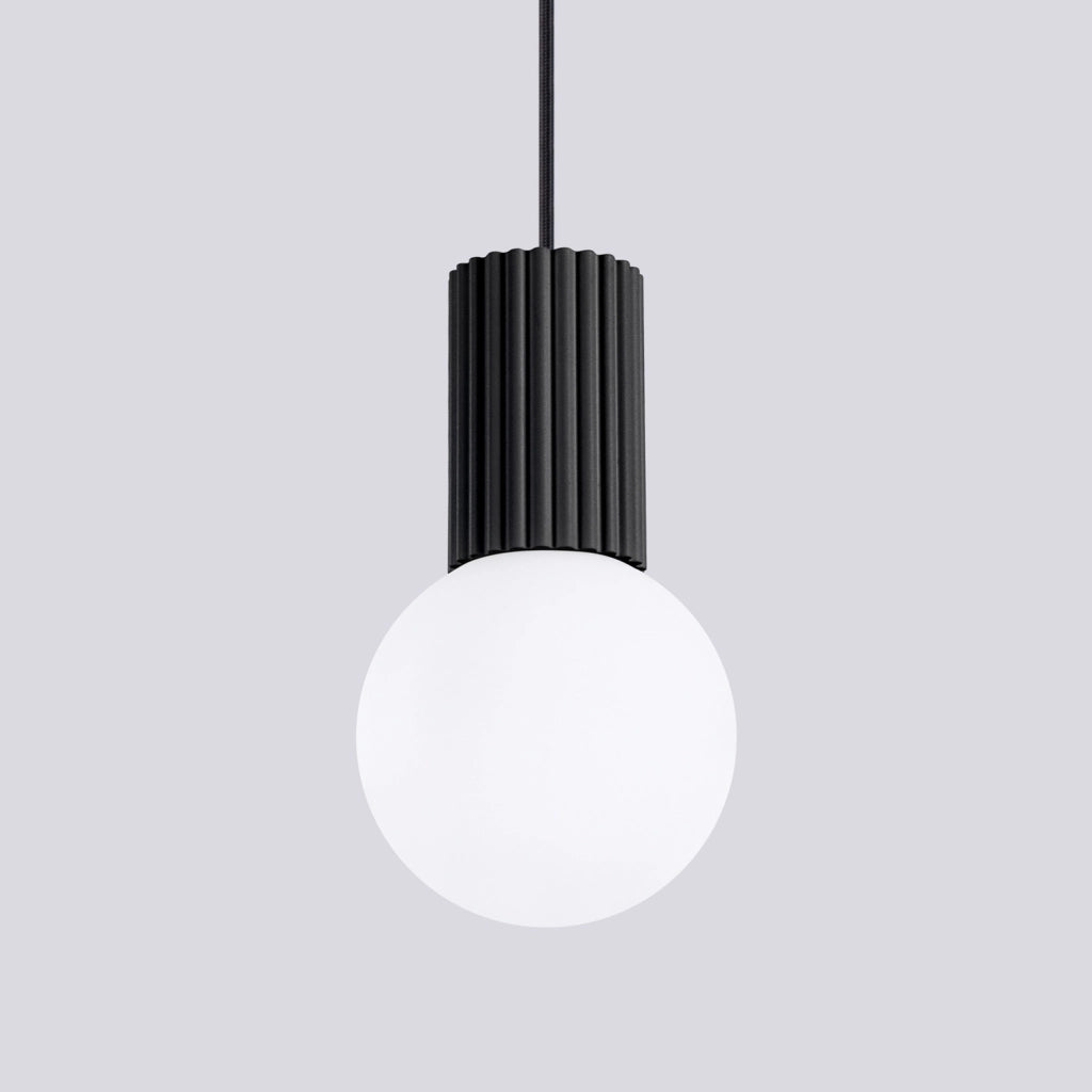 Lampada a sospensione nera, sfera bianca vetro rigato G9