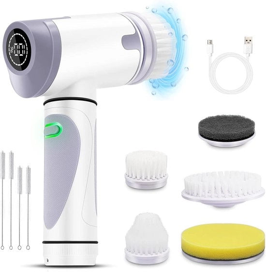 Scrubber a spazzola elettrico con 5 teste di spazzola - apparecchio per pulizia di pavimenti - spazzola per pulizia - impermeabile all'acqua - utilizzabile in cucina e bagno