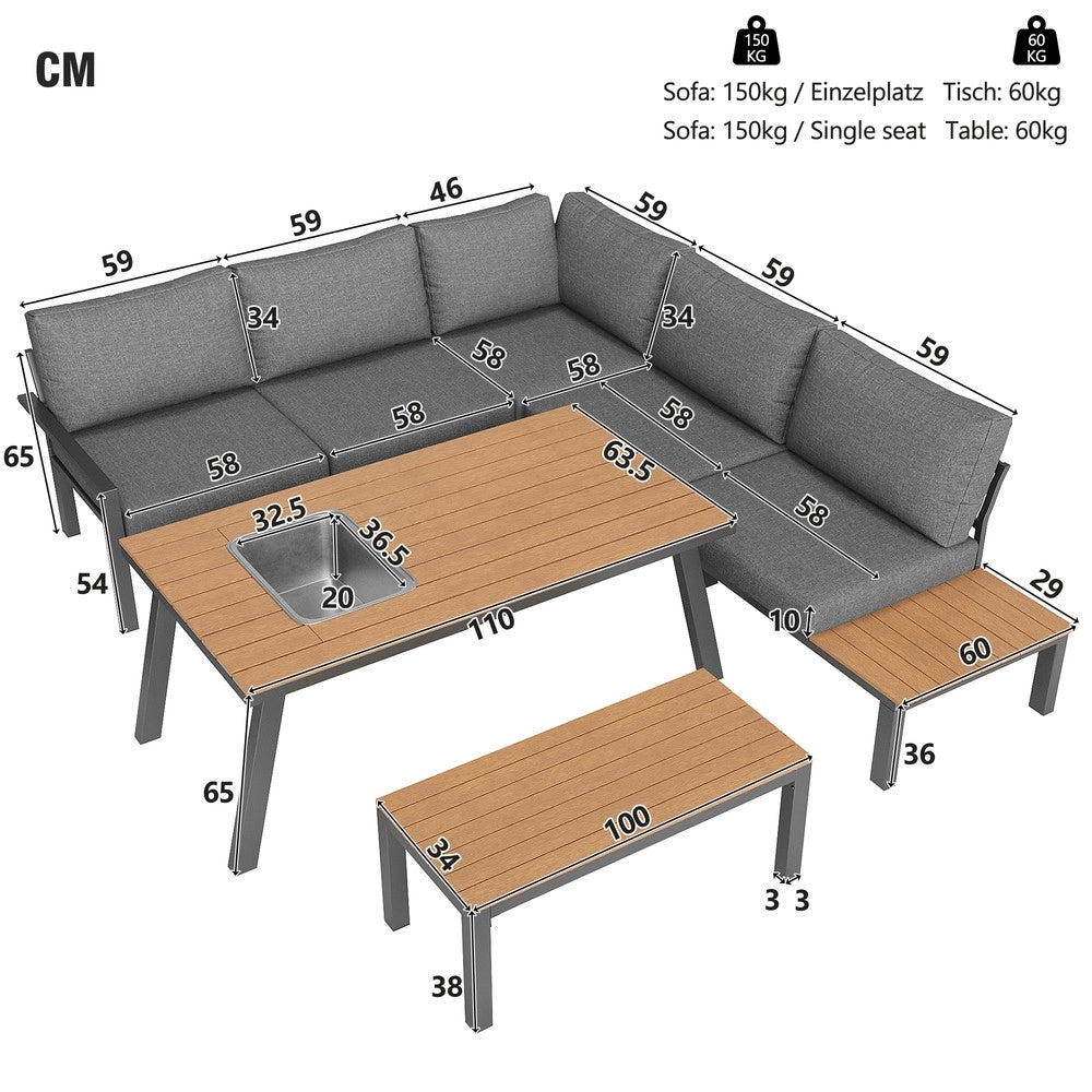 Set da giardino per 6-7 persone - Zephmum - Struttura in ferro zincato, tavolo con secchiello per ghiaccio