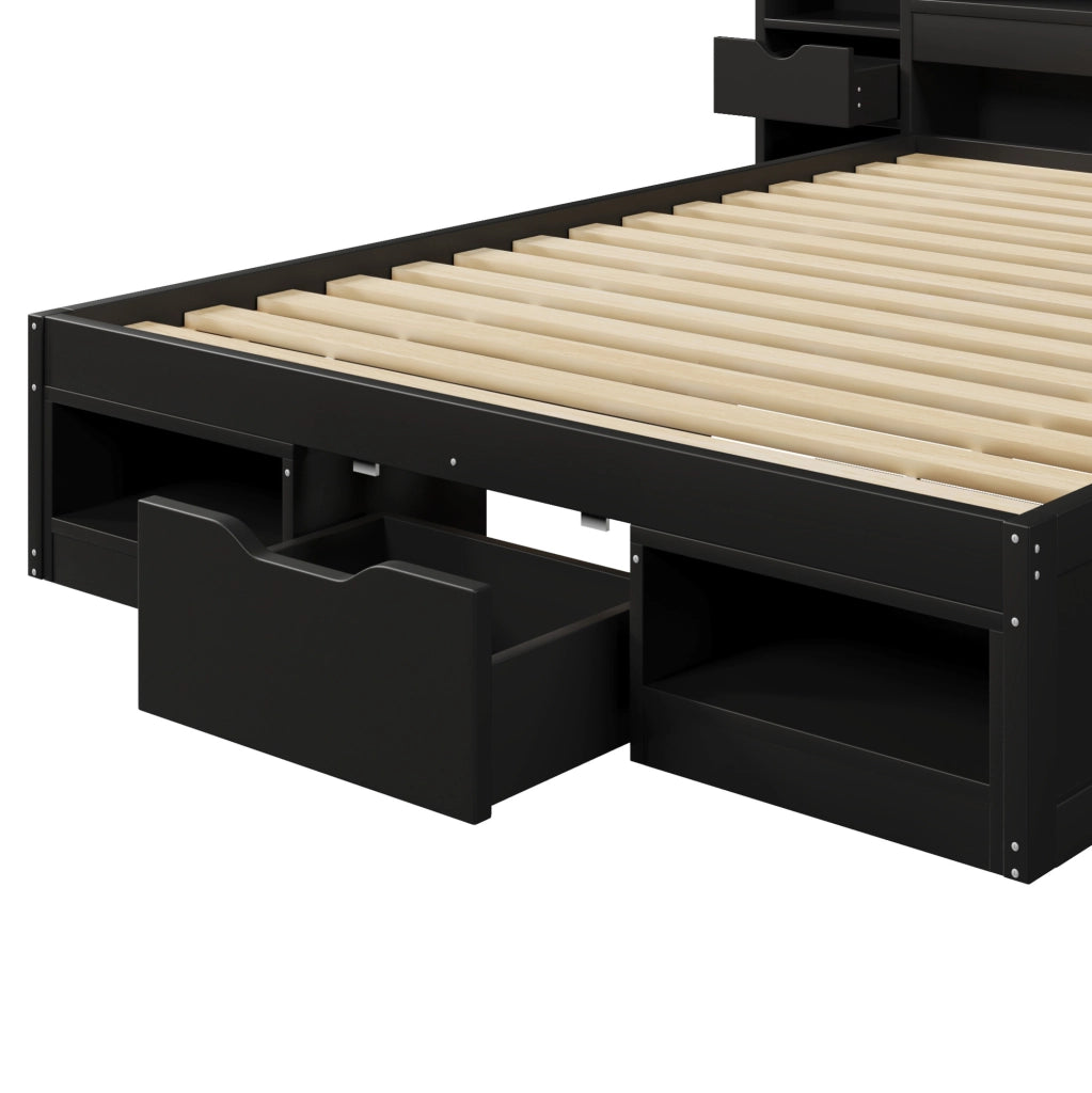 Letto a piattaforma nero 140x200 cm con testiera e pediera contenitore, 3 cassetti, LED e porta USB