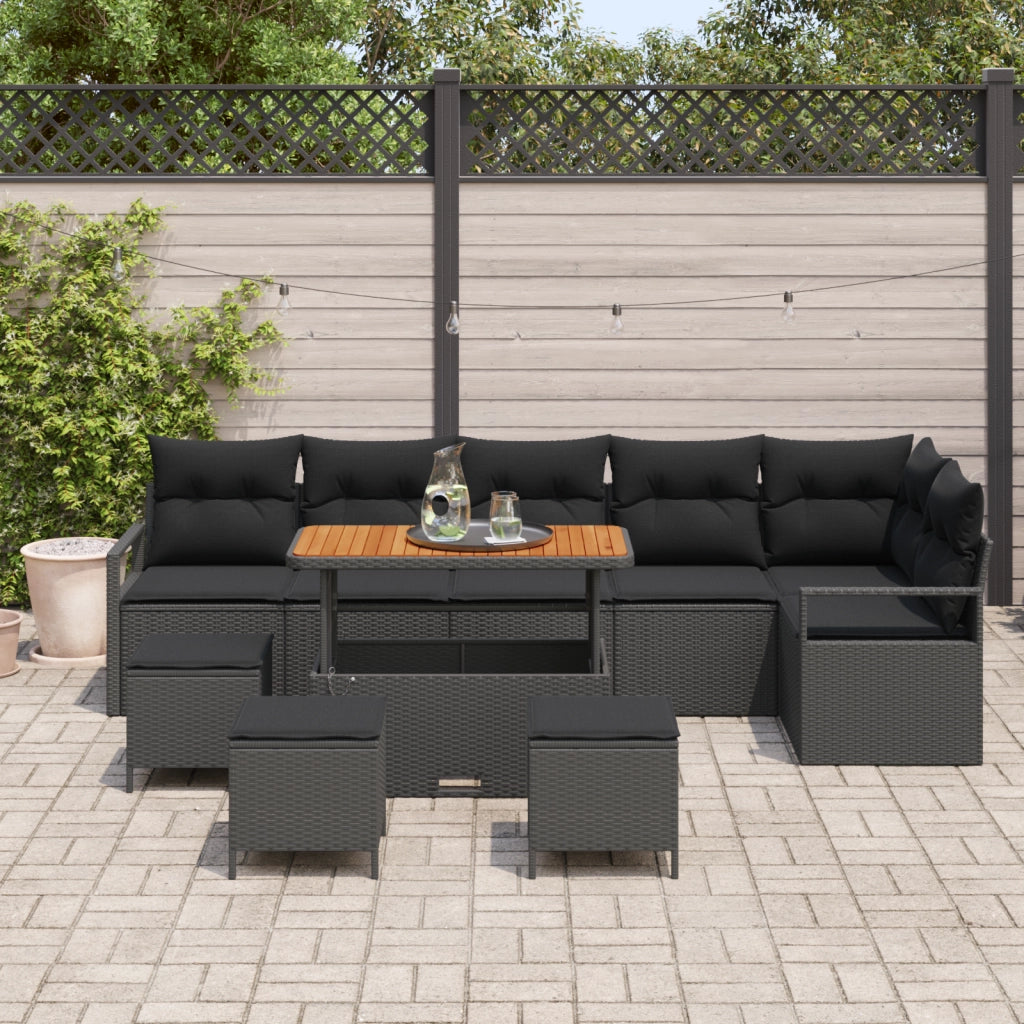 Set di divani da giardino  10 pezzi con cuscini neri in polyrattan e acacia