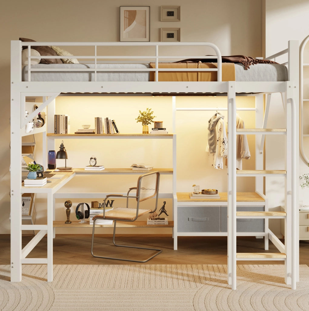 Letto a soppalco 140x200 cm con scrivania LED e USB, bianco