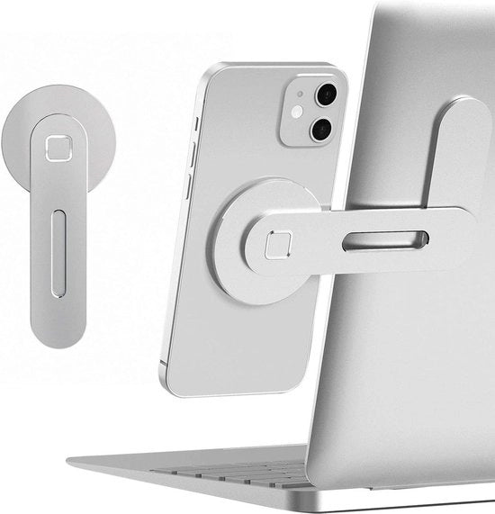 Standa per laptop regolabile con supporto magnetico per smartphone iPhone MagSafe e tutti i cellulari - Design sottile in alluminio (clip di fissaggio laterale, trasportabile e ripiegabile)