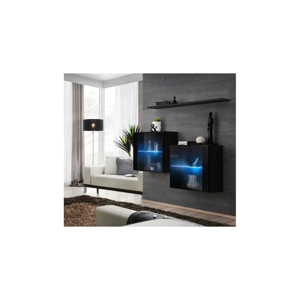 Set di mobili da soggiorno SWITCH SBIII - Design moderno - Nero lucido - Porte in vetro con LED integrato