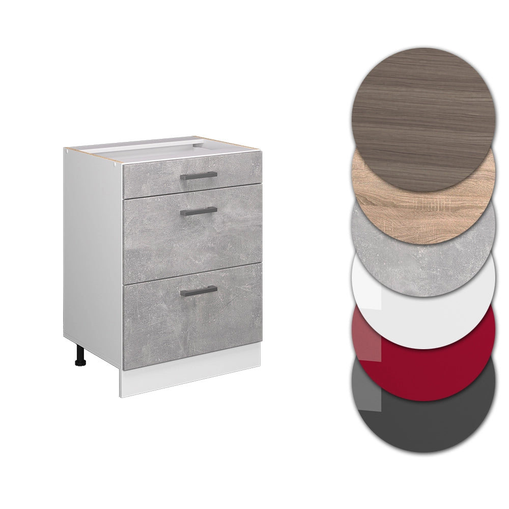 Mobiletto base per cucina R-Line Calcestruzzo/Bianco 60 cm con cassetti, senza piano di lavoro Vicco
