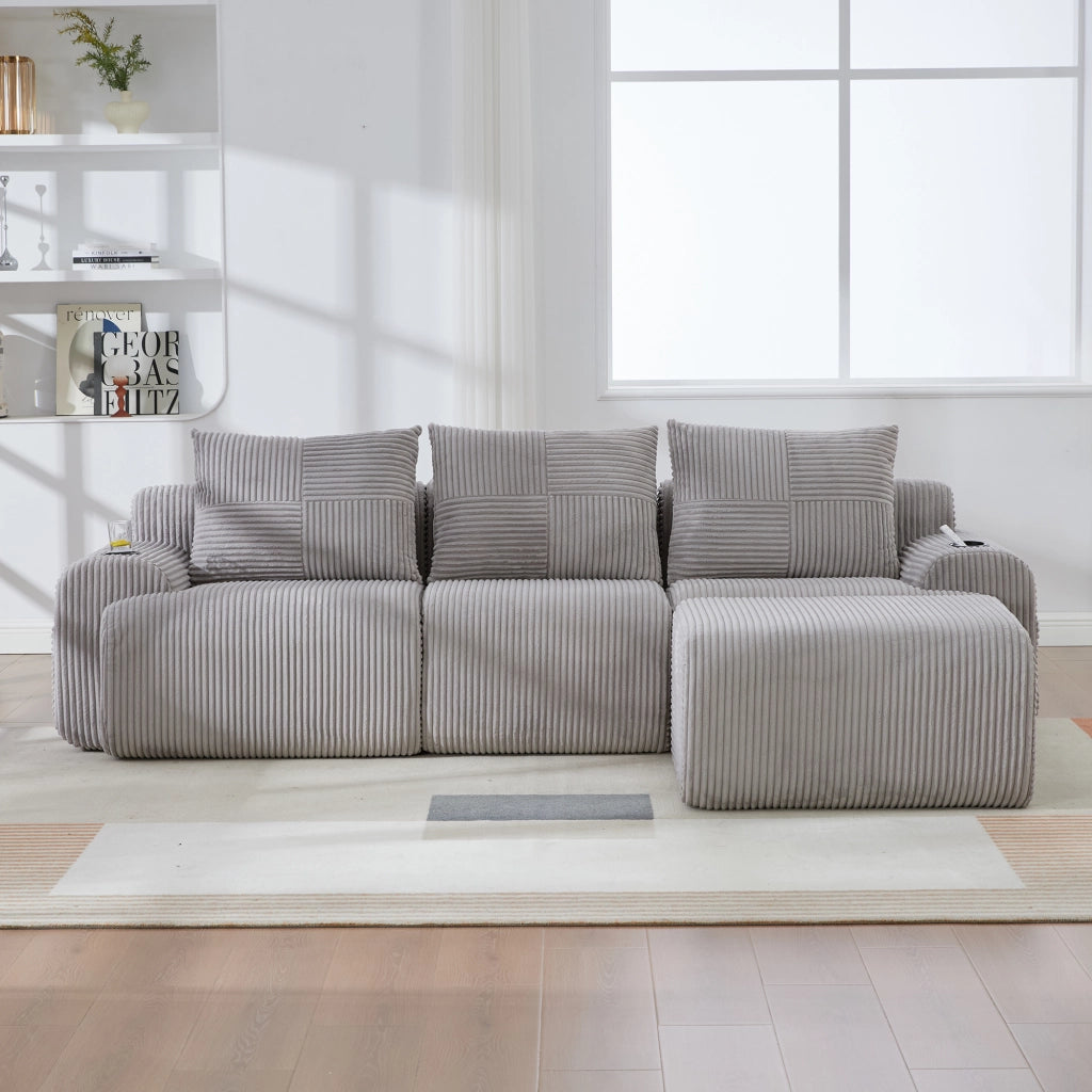 DIVANO modulare 3 posti 268x174x80 cm in tessuto corduroy grigio chiaro