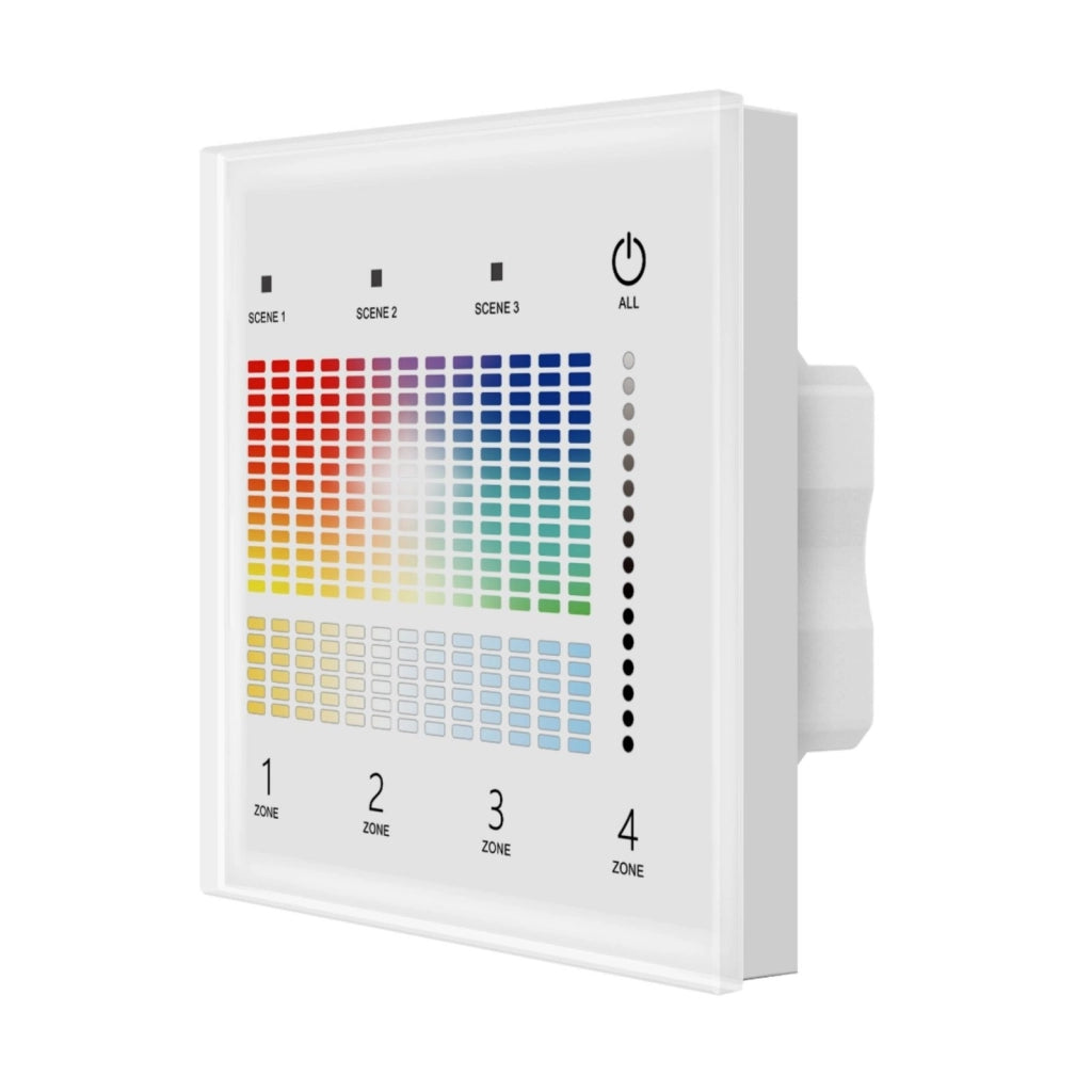 Pannello Touch Master DALI 5 Canali, Alimentatore Bus Integrato, 16VDC Max 100mA, 4 Zone 3 Scene 4 Indirizzi, Touch Slider, 5 In 1 Per DIM CCT RGB RGBW RGB+CCT, 86X86mm Per Scatola 502