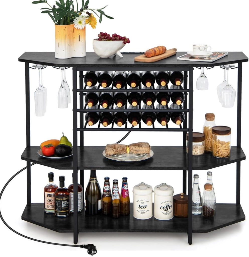 Credenza con portabottiglie per 21 bottiglie, tavolino da cucina sottile con 2 porte USB e 2 prese, portabottiglie a 3 livelli con supporto in vetro, tavolo industriale per vino, 120 x 40 x 92