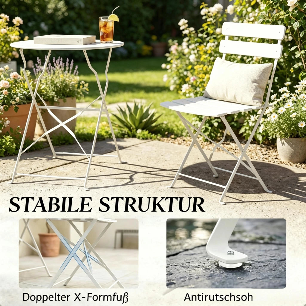 SET TAVOLO E SEDIE DA GIARDINO PIEGHEVOLE Ø 58 cm CREAM METALLO Set da 3 pezzi