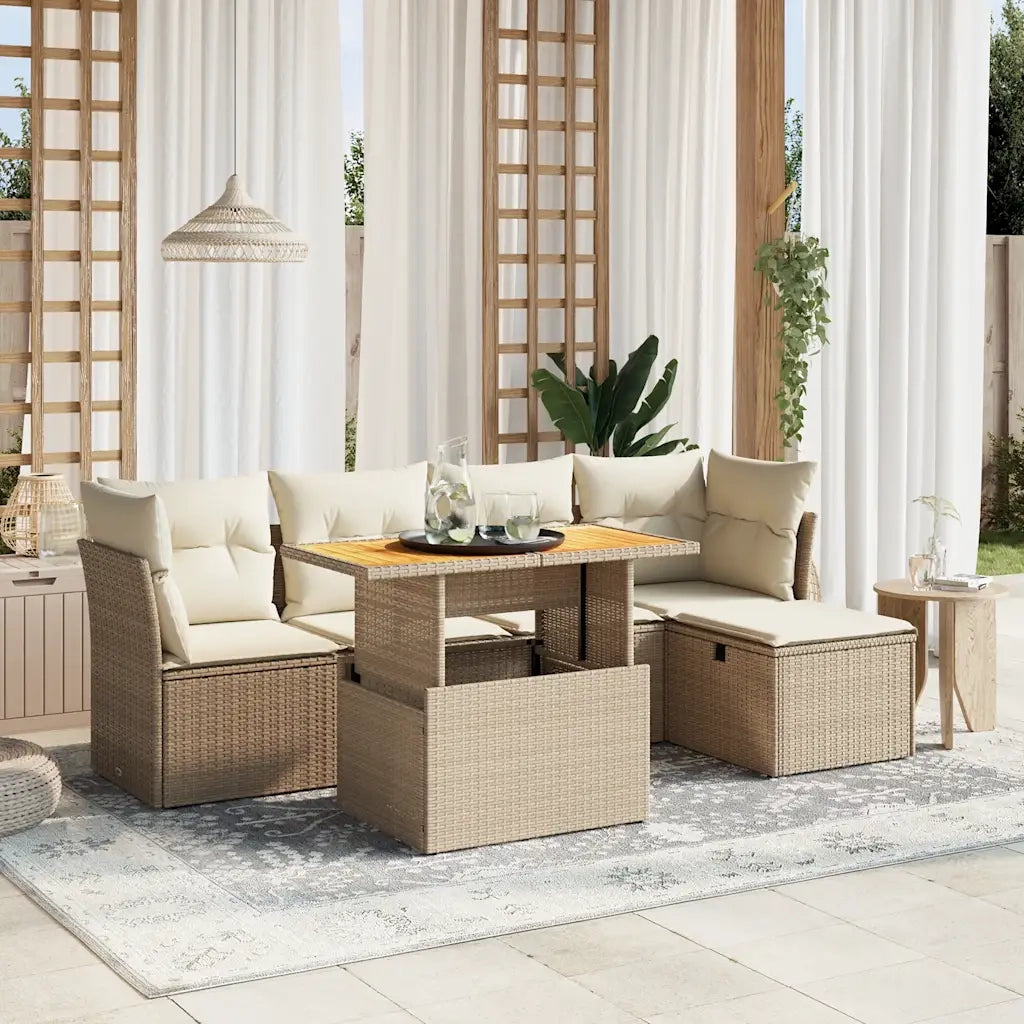 Set Divano da Giardino 6 pz con Cuscini Beige in Polyrattan