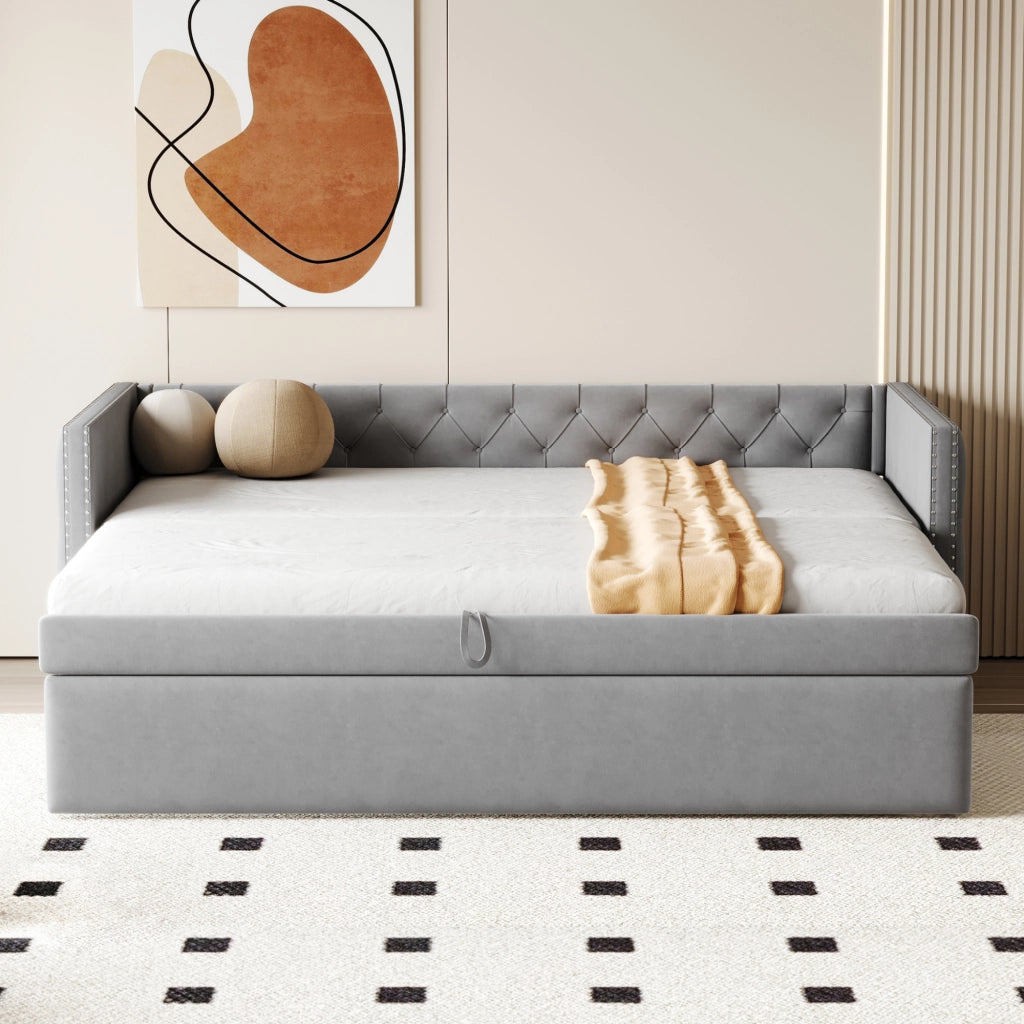 Letto estraibile singolo 90×200 cm e 90×190 cm con rete; senza materasso; velluto grigio chiaro