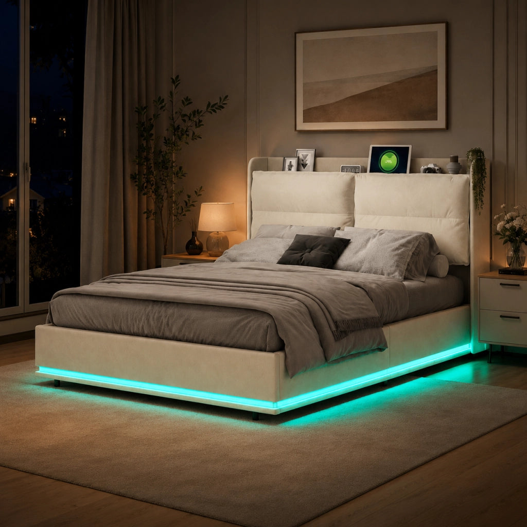Letto contenitore 140x200 cm velluto beige, testiera imbottita, ricarica wireless, USB‑C e USB, luci RGB‑LED con telecomando, meccanismo idraulico