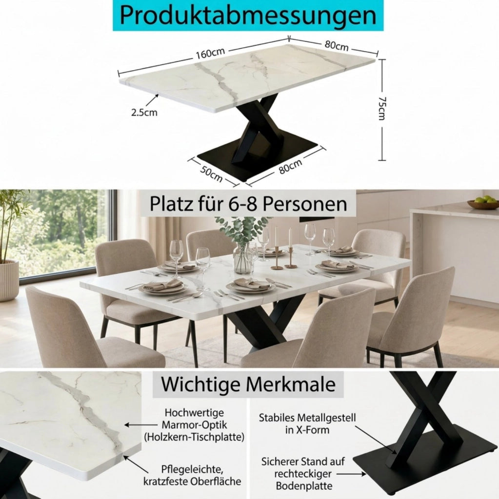 Tavolo da pranzo rettangolare 160x80 cm bianco e nero