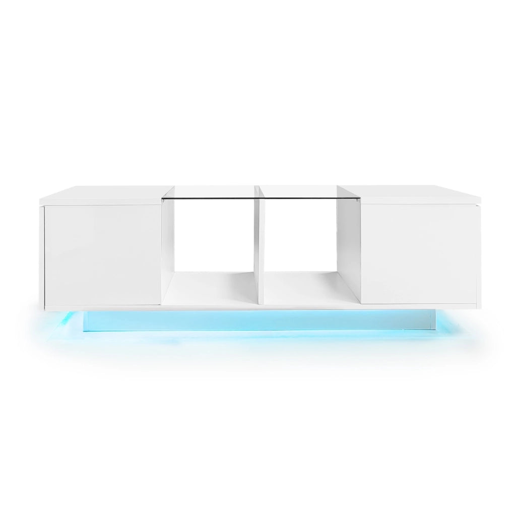 Tavolino da salotto moderno con illuminazione LED - Zephmum- 120 x 50 x 38,5 cm- Bianco- Piano lucido