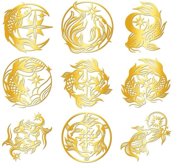 Sticker Decorativi Acqua Resistenti - 9 Pezzi Sticker Autocolante Oro - Pesciolino Koi/ Tema - Decorazione Metallica - Scrapbook/Maniglie - 4 cm x 4 cm - Sticker Decorativi