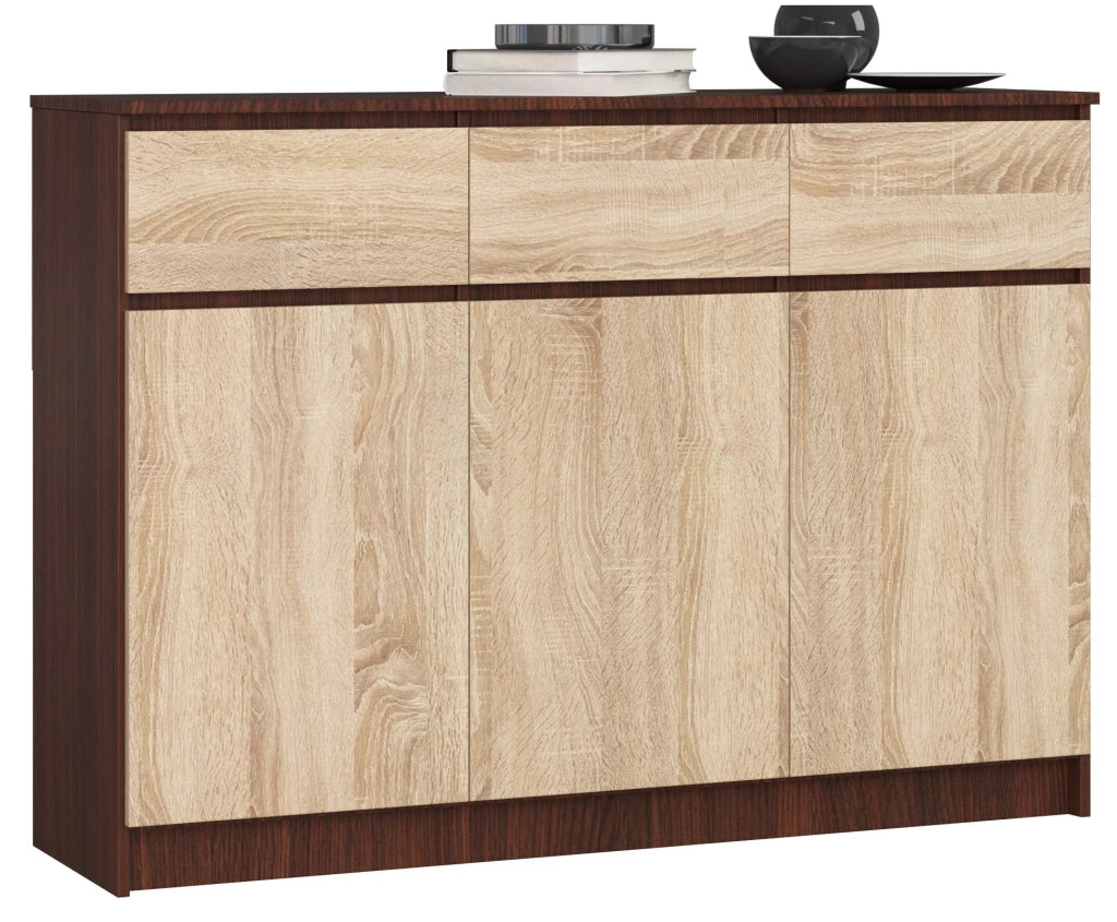 Cassettiera AKORD K140 Wengé 138 cm 3 ante 3 cassetti inserto frontale Sonoma Quercia 138x40x99 cm
