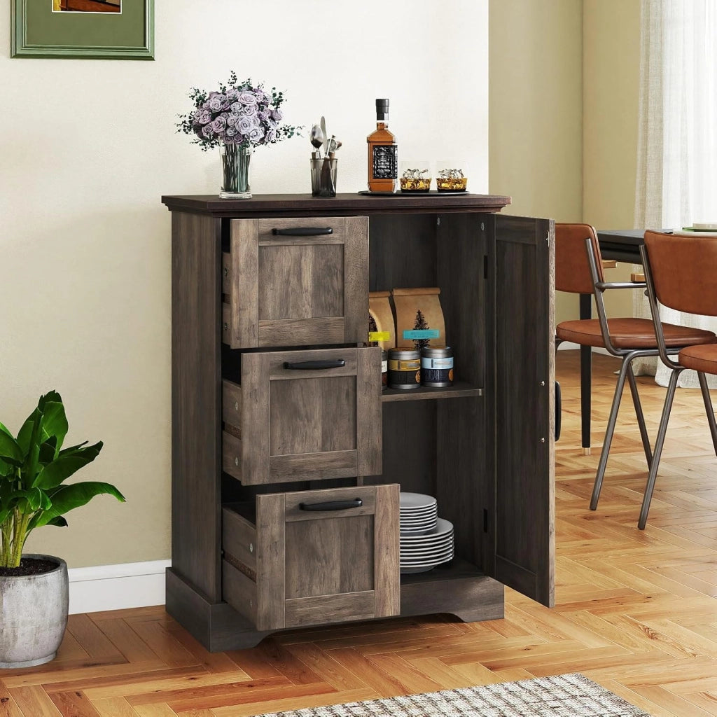 Mobiletto da Pavimento in Legno, Organizzatore per Conservazione Rustico con Porta da Fienile e 3 Cassetti, Buffet Laterale Autonomo per Cucina, Soggiorno, Sala da Pranzo (Grigio)