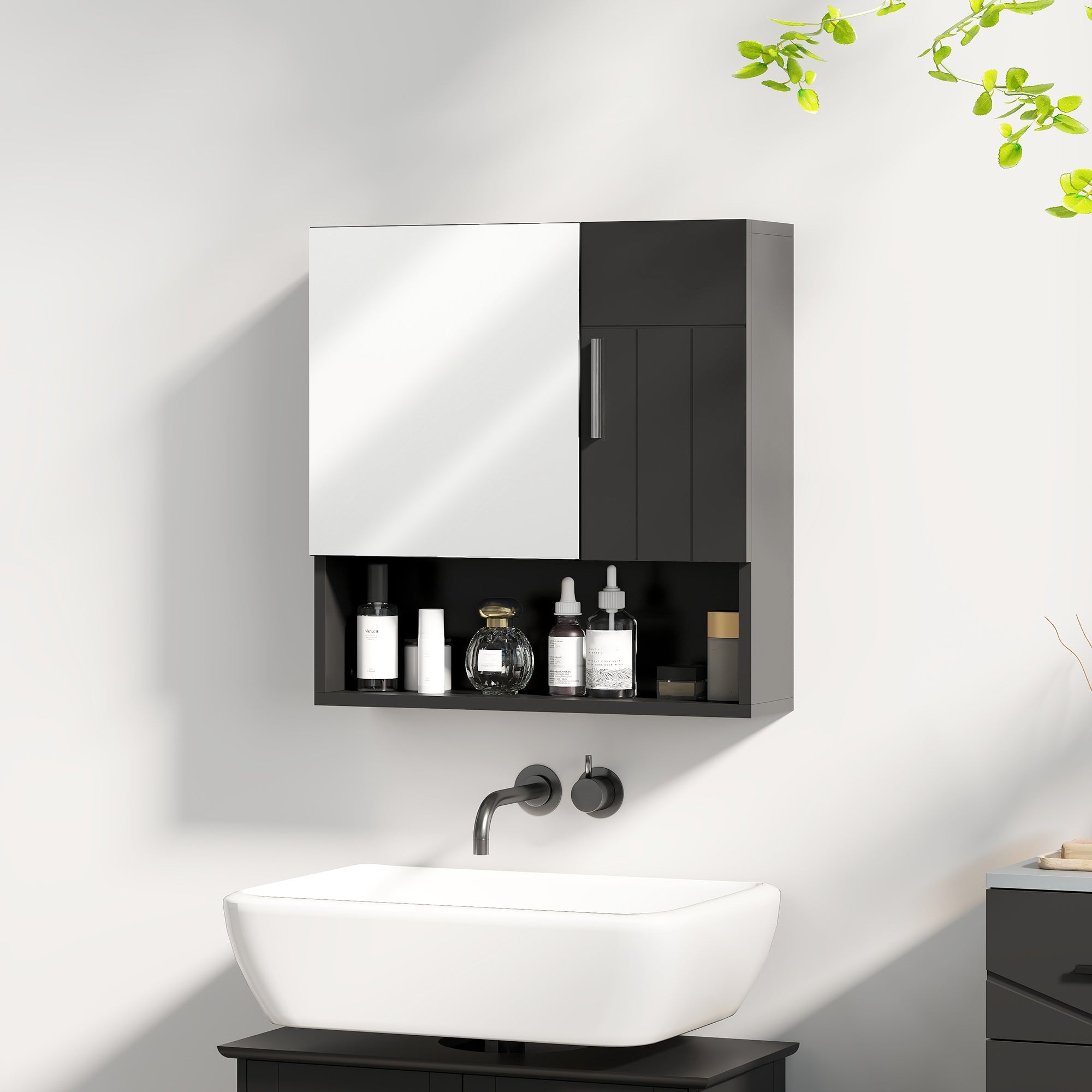 Armadietto a Specchio per Bagno 54x15,2x55,3 cm con Ripiano Aperto in Legno Nero