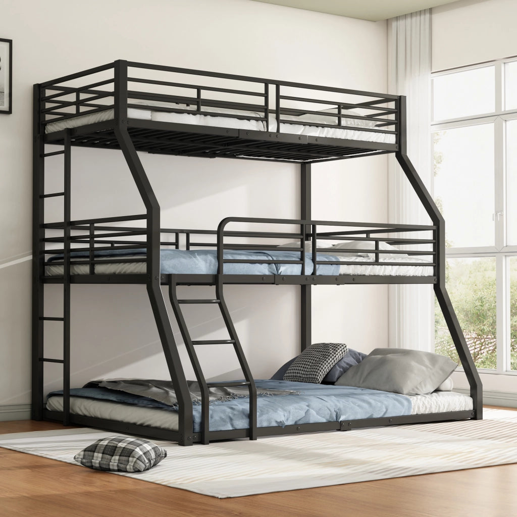 Letto a Castello Triplo 3 Posti con 2 Scale e Sponde; 90×200 cm; senza Materasso; in Metallo; Nero