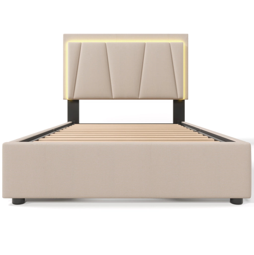 Letto singolo imbottito 90x200 cm con LED e 2 cassetti