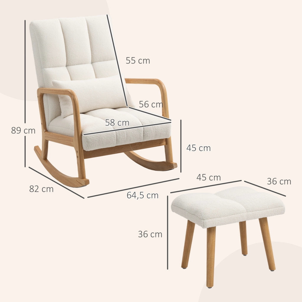 Poltrona a Dondolo con Poggiapiedi in Tessuto Boucl¨¦ e Gambe in Legno ¨C Minimal ¨C 64.5x82x89 cm Bianco