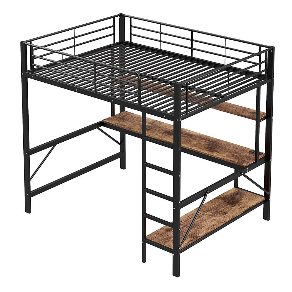 Letto mezzanino 140x200cm - Xylo - nero, USB, scaffale a livelli