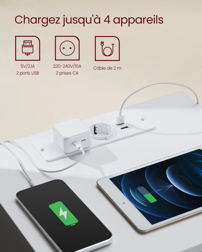 Comodino con multipresa tavolino con 3 cassetti 2 prese CA 2 porte USB frontali dei cassetti smussati per soggiorno camera da letto ufficio moderno bianco 12_0007610