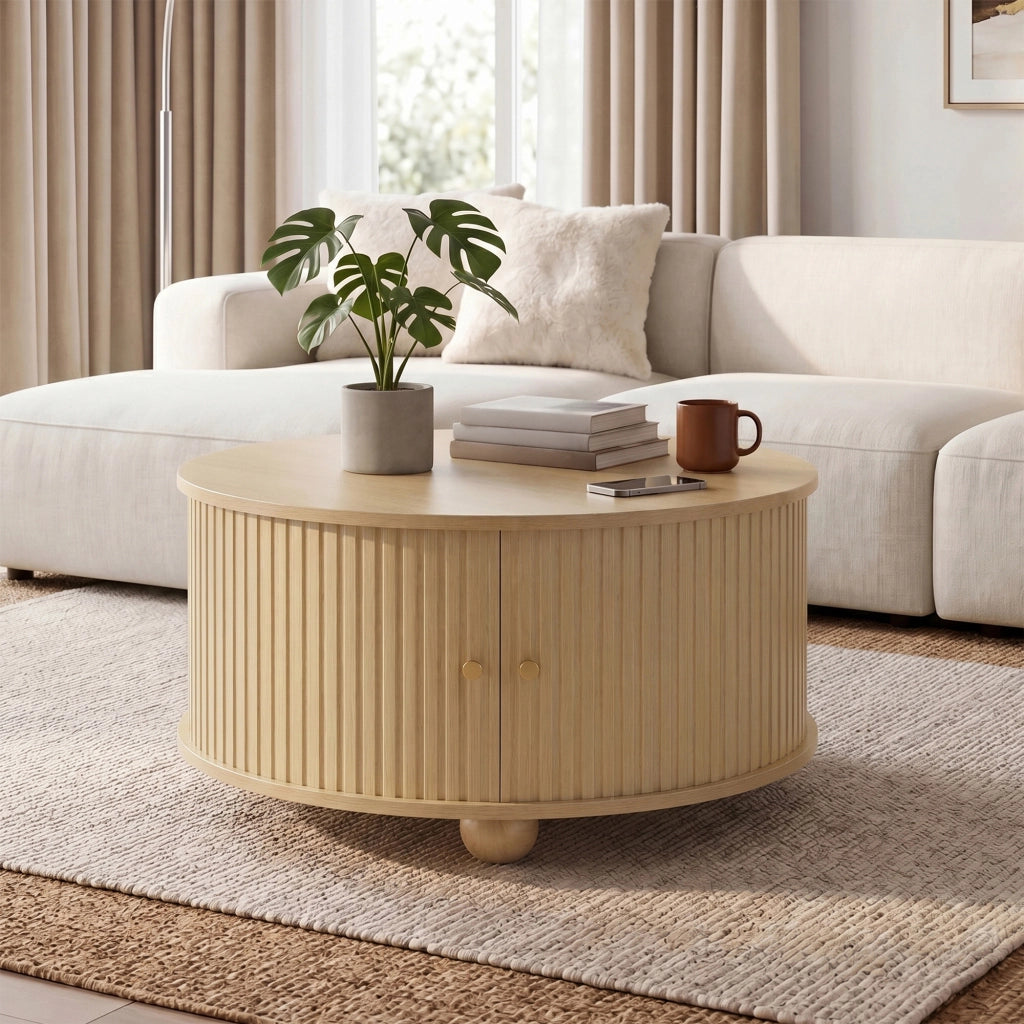 Tavolino basso rotondo con 2 ante scorrevoli, 4 vani interni e struttura in MDF, naturale, 72 × 72 × 38 cm