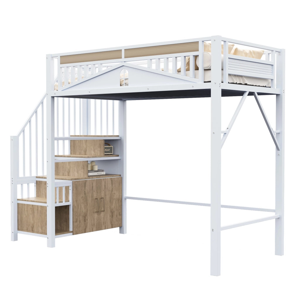 Letto a soppalco 90x200 cm con scala contenitore e recinto di sicurezza; bianco