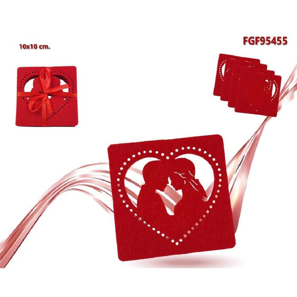 Trade Shop - Set 4 Pz Sottobicchieri 10x10cm Quadrato Cuore Tessuto Rosso San Valentino 95455 -