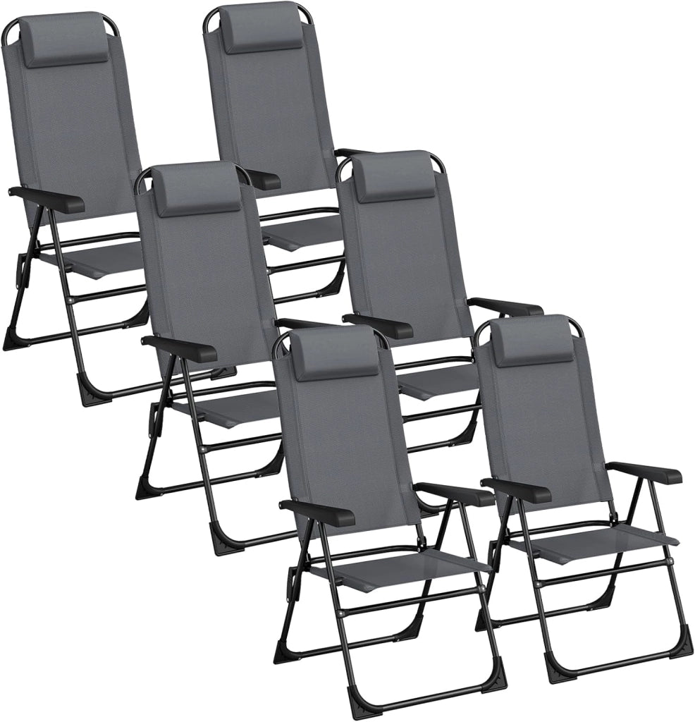 Set di 6 sedie da giardino, pieghevoli, da campeggio con poggiatesta, con 5 schienali regolabili, da balcone, da giardino, terrazza, campeggio, nero, 6 pezzi