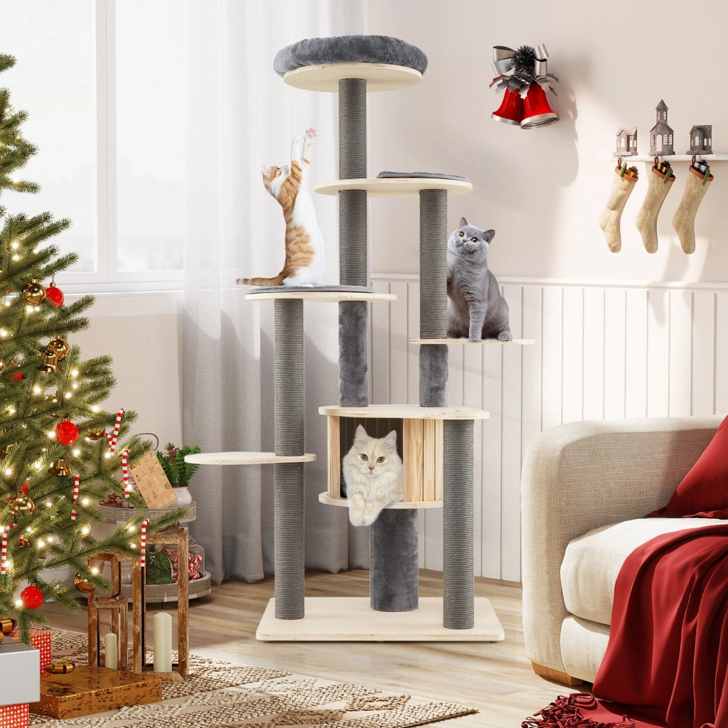 Albero per gatti alto 172 cm posatoio imbottito rifugio privato-Mobile arrampicata per gattini tappetini staccabili pali graffi base stabile