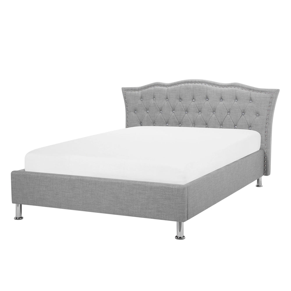 Letto matrimoniale in tessuto grigio 140 x 200 cm  struttura imbottita con ripiano per la testa dei chiodi Bottoni in cristallo Poggiatesta