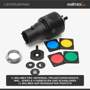 Walimex Attacco universale per proiezione compatibile con Profoto - 270 x 160 x 160 mm - con 4 pellicole (blu, rosso, giallo, verde) e sagome (cuore, finestra, luna, foglia) - per flash, studio